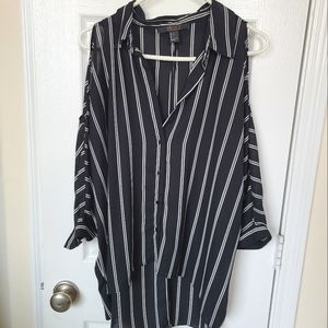 Open shoulder black and white blouse
